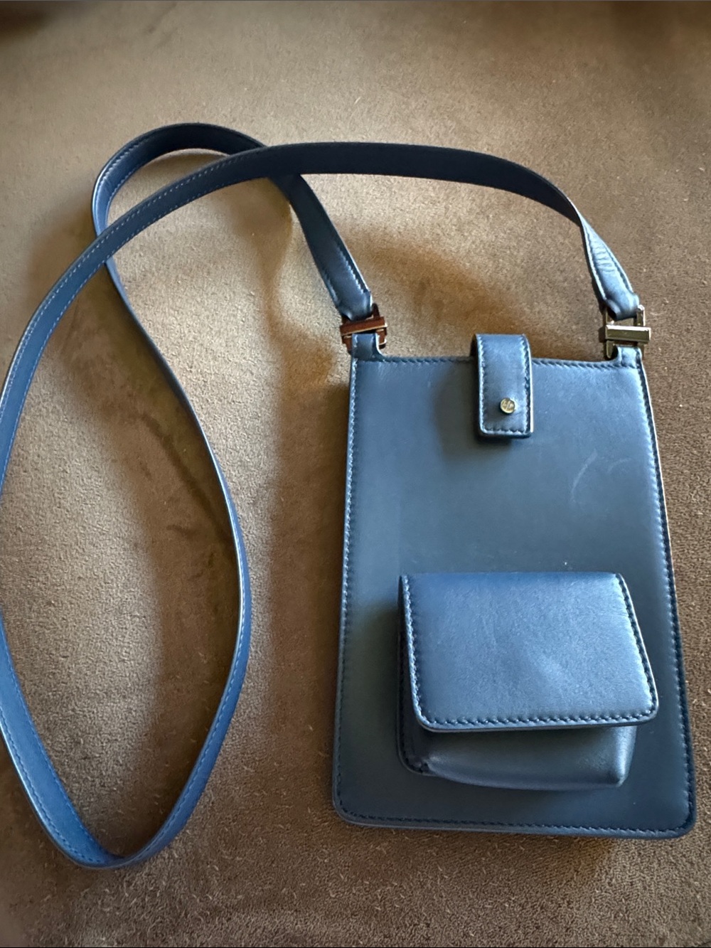Loro Piana Navy Leather Crossbody Phone Bag with Front Pocket & Card Holder